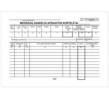 Medžiagų sandėlio apskaitos kortelė A5