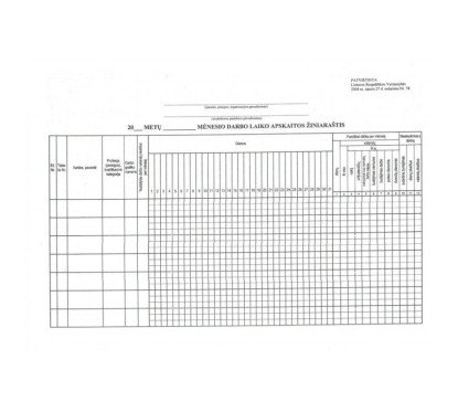 Mėnesio darbo laiko apskaitos žiniaraštis A4 14 asm.