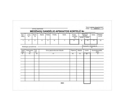 Medžiagų sandėlio apskaitos kortelė A5